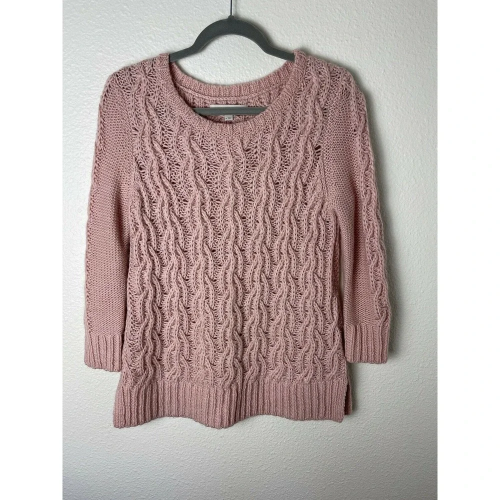 Women' Ann‎ Taylor LOFT Pink Blush Chunky Knit 3/4 Sleeve Boatneck Sweater Sz M